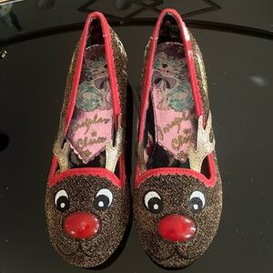 Irregular Choice Glittery Brown and Red Reindeer Flats